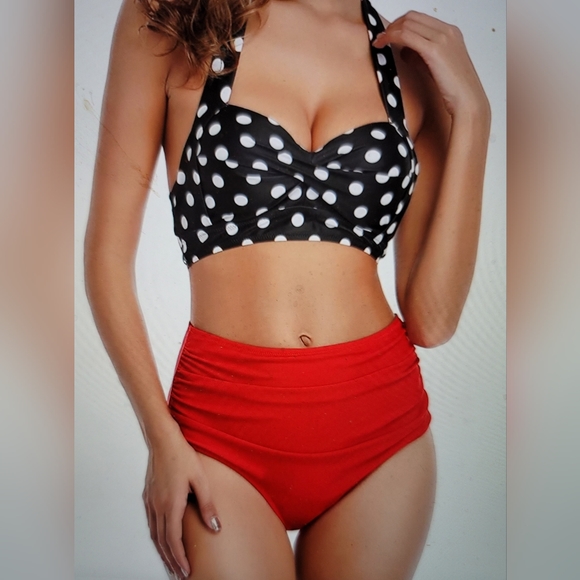 NWT VINTAGE RETRO PINUP HIGH WAISTED RUCHED HALTER FLATTERS EVERYONE BIKINI. XL - Picture 2 of 10